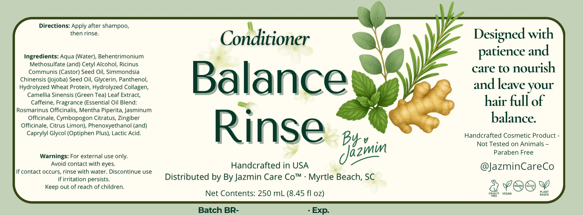 Un acondicionador nutritivo que hidrata, suaviza y restaura la armonía del cabello después de la limpieza.
Enriquecido con romero, menta, té verde, aloe vera, y extractos herbales que desenredan sin dejar el cabello pesado.

✔ Hidrata y sella la humedad natural
✔ Suaviza y desenreda
✔ Equilibra el pH del cuero cabelludo
✔ Aporta brillo y textura sedosa
✔ Favorece la vitalidad junto con Herbal Wash