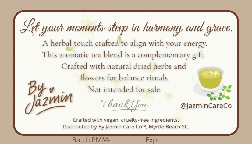 Ingredientes secos (porciones equilibradas):
	•	Lavanda (relajación profunda, calma mental)
	•	Manzanilla (ansiolítica suave, descanso, suavidad estomacal)
	•	Toronjil / Lemon Balm (calma sistema nervioso, reduce ansiedad)
	•	Menta (libera tensión corporal, refrescante y armonizante)
	•	Jazmín (aroma emocional, equilibra la energía, aporta bienestar)
	•	Salvia (limpieza energética + relajación mental)

Es una mezcla suave, aromática, floral y ligeramente dulce, perfecta para abrir el ritual nocturno.