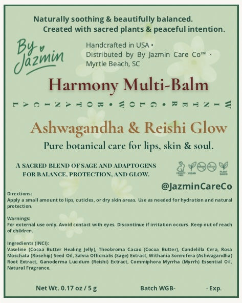 Harmony Multi-Balm con ashwagandha y reishi, elaborado con vaselina botánica, manteca de cacao, cera de candelilla, aceite de rosa mosqueta y extractos de salvia. Un bálsamo nutritivo para labios, cutículas y zonas secas que alivia inflamación, calma irritaciones, repara piel agrietada y aporta protección antioxidante.
