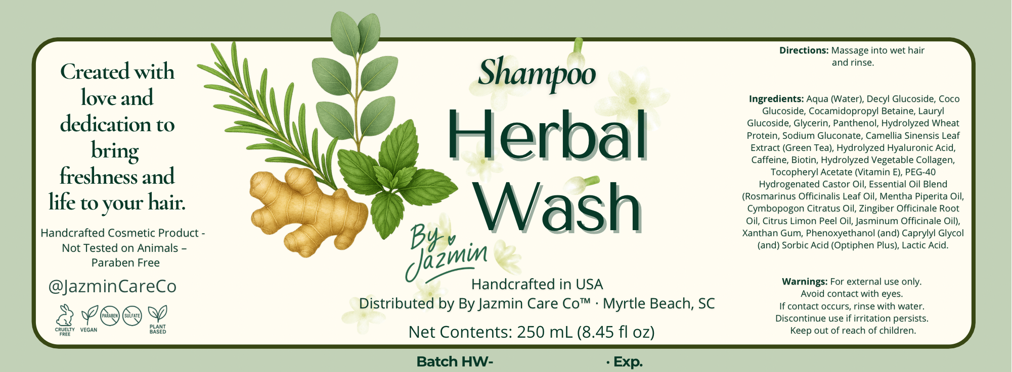 Un limpiador herbal suave pero poderoso que detoxifica el cuero cabelludo mientras restaura el equilibrio, la claridad y la energía natural del cabello.
Formulado con romero, jengibre, salvia, menta, eucalipto, té verde y colágeno.

✔ Estimula el crecimiento
✔ Controla la caspa y equilibra los aceites
✔ Aporta brillo y vitalidad
✔ Desintoxica y elimina residuos
✔ Aroma herbal relajante